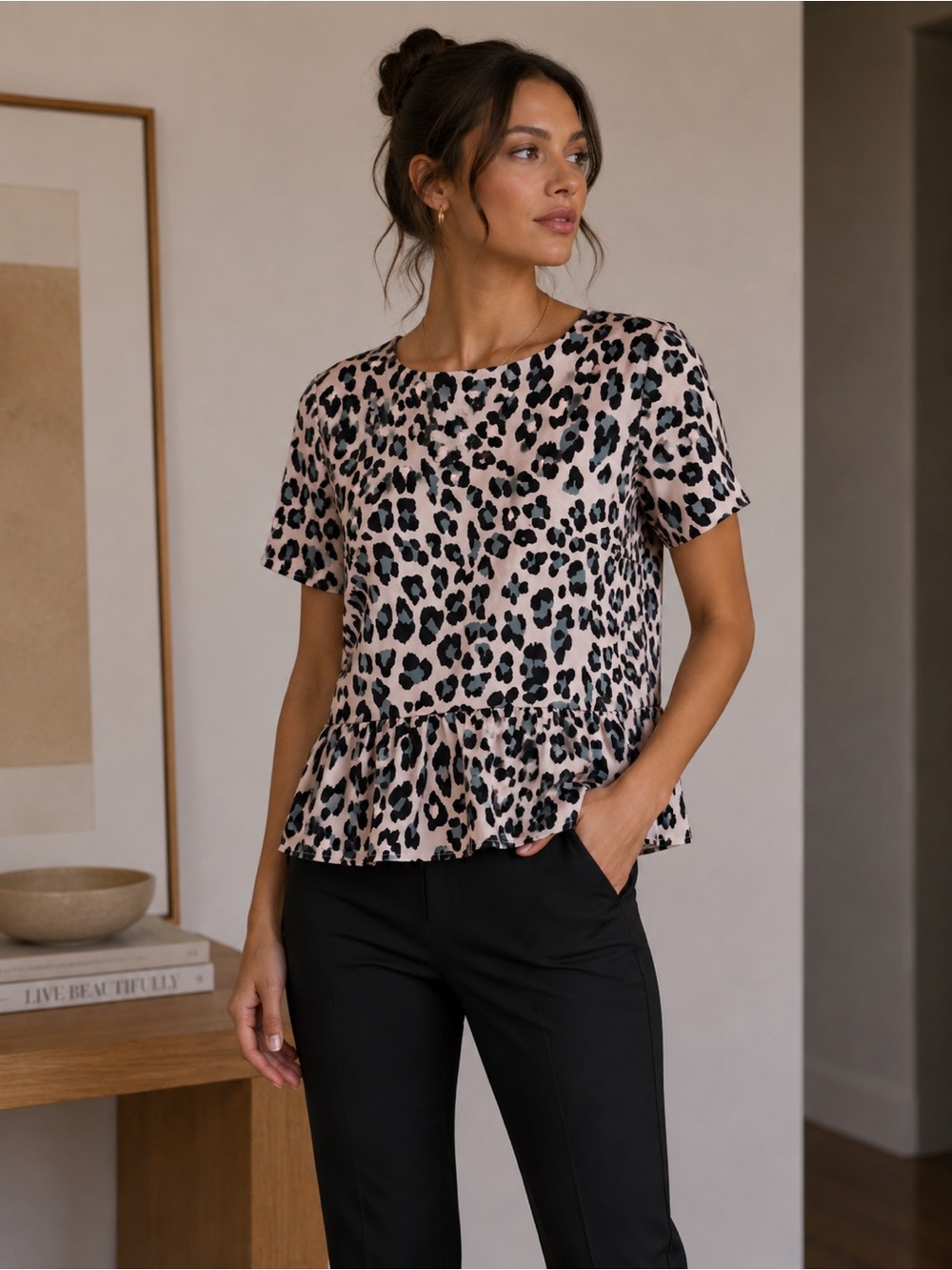 1. State Pink and Black Leopard Peplum Short Sleeve Blouse Women’s XS Office
